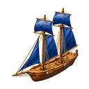 Original Korsaros Fireship artwork, with blue sails and a timber hull.