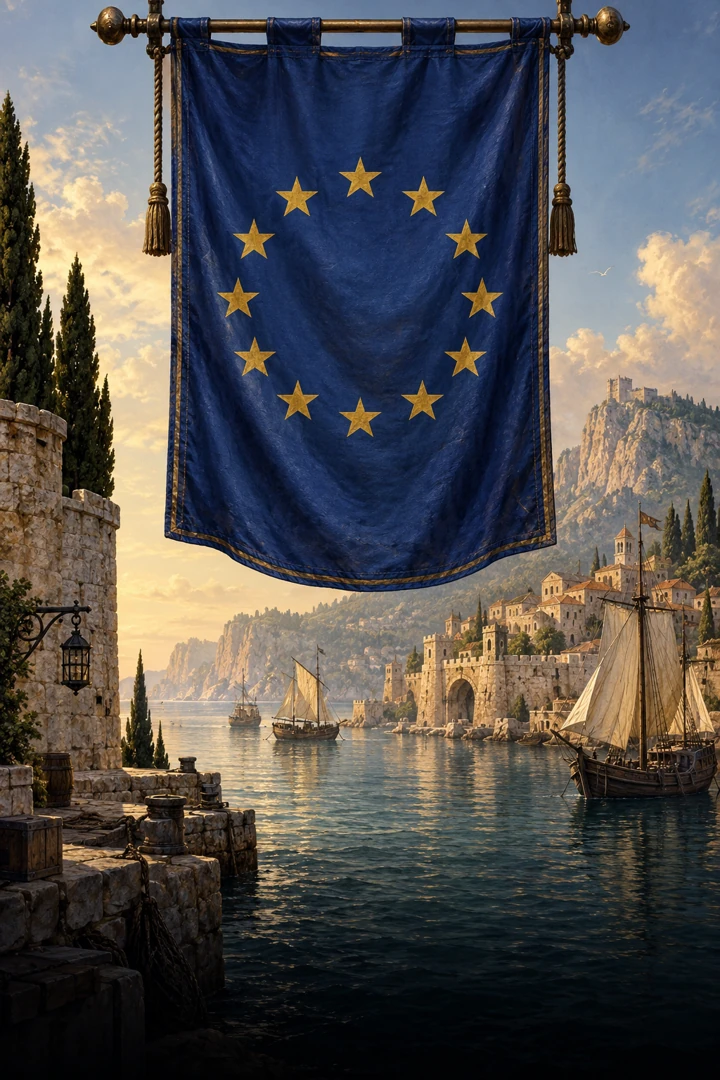 Original Korsaros Europa banner above a Mediterranean harbour