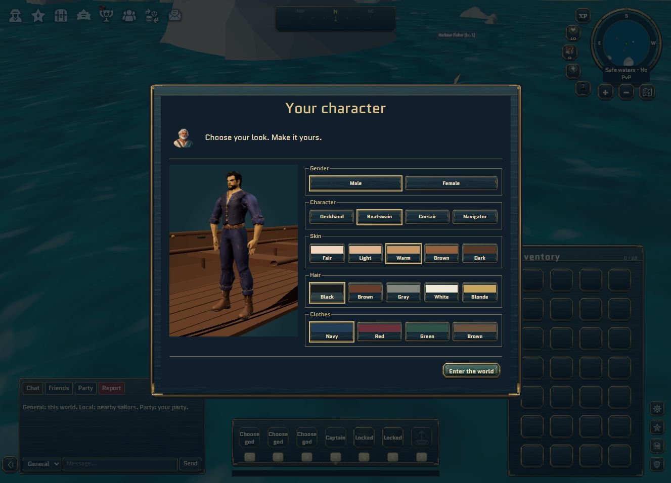 Actual Korsaros character creation with a full-body Boatswain preview and gender, appearance, skin, hair and clothing choices