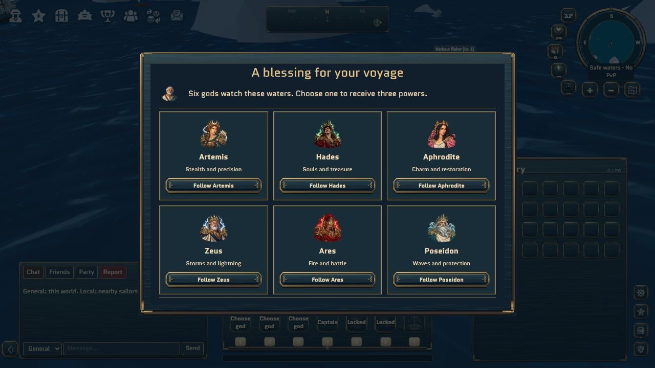 Actual Korsaros first-voyage dialogue offering Artemis, Hades, Aphrodite, Zeus, Ares and Poseidon