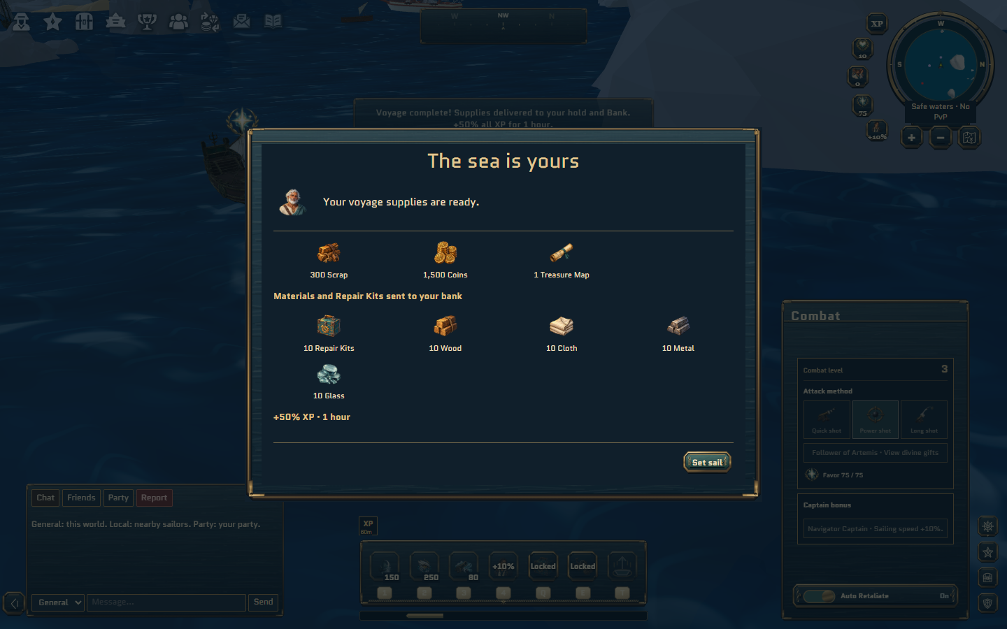 Actual Korsaros voyage-completion dialogue showing supplies for the hold, materials and Repair Kits for the Bank, and the one-hour XP blessing