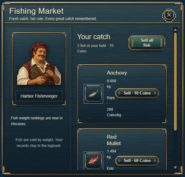 Fishing Market window with two sample catches and their reduced Coin payouts.