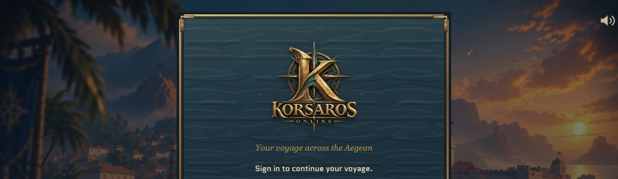 Korsaros live sign-in header after the loading repair, with the logo and harbour background.