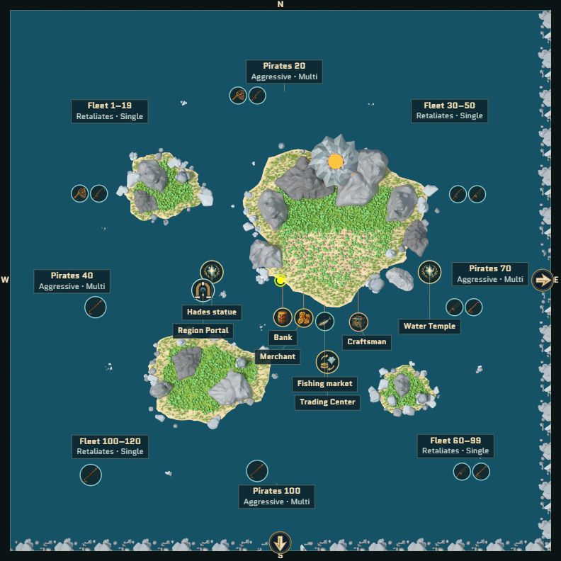 Centered Hades region chart with islands, harbour markers and passage arrows
