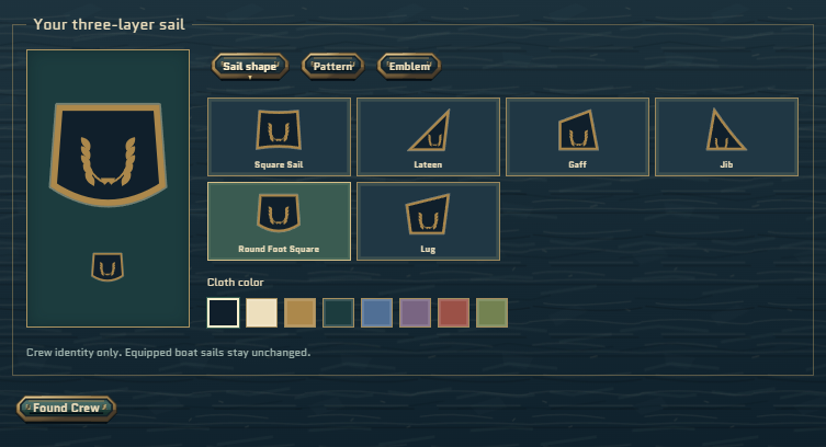 Original Crew editor showing an ivory and brass laurel on a dark sail