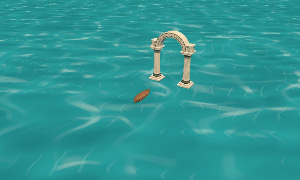 Original skiff approaching the stone region portal during the local departure animation