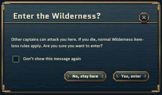 Original naval Wilderness entry dialog with a remember-choice checkbox, No and Yes buttons, and close control at the upper-right