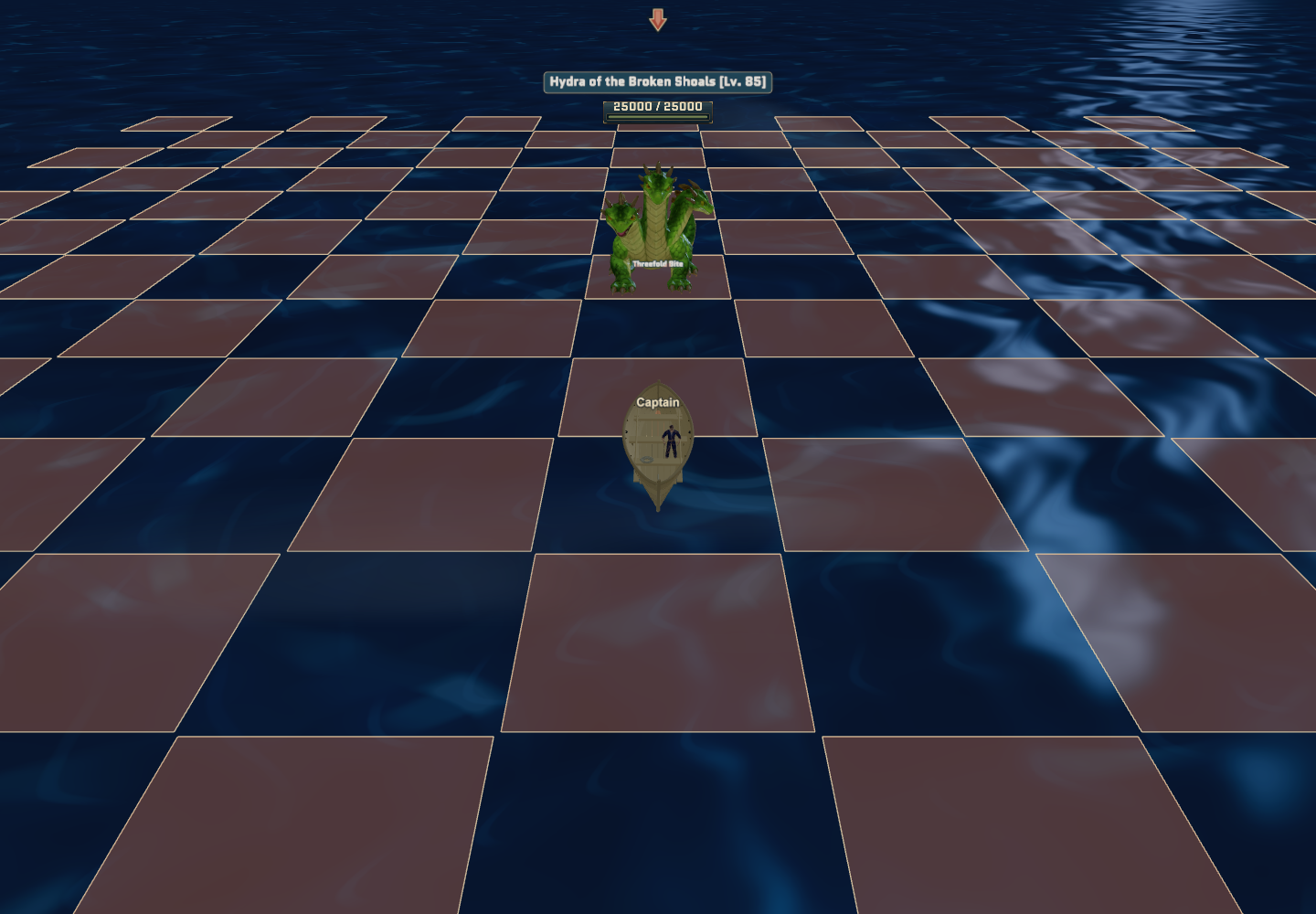Original Hydra in open water with red attack warning blocks and a nearby ship