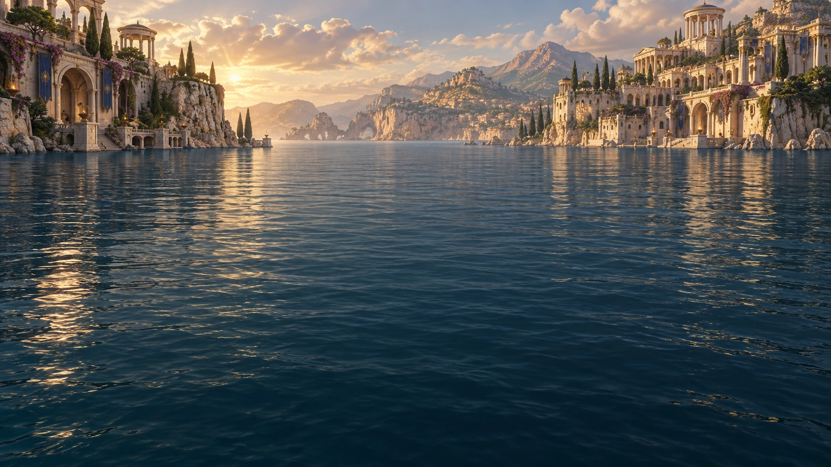 Original Korsaros Collector showcase artwork of a Mediterranean harbour at sunset